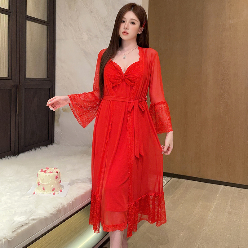 Ling Lei Spring and Summer Pure Desire Mesh Nightgown Lace Long Sleeve Two-Piece Set Fairy Style Palace Retro with Breast Pad
