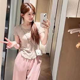 休闲时尚夏天套装女款纯欲风甜辣妹短袖上衣粉色阔腿长裤子两件套