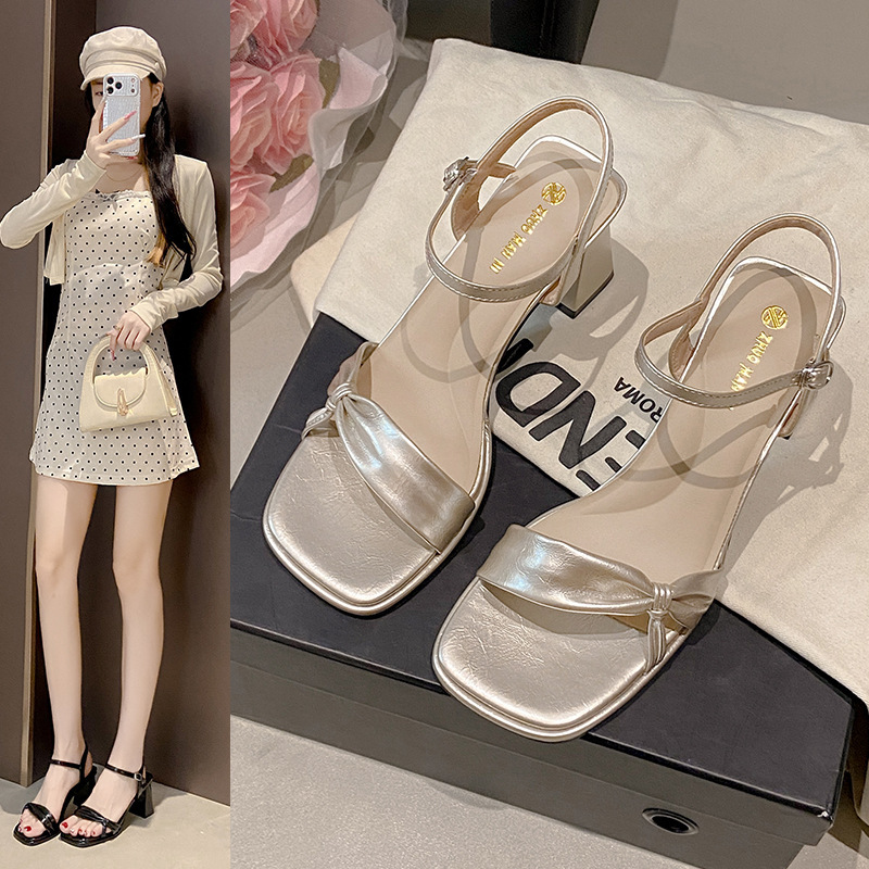 Champagne-Colored Chunky Heel Elegant Sandals for Women, Summer 2026 New Style, One-Strap High Heels to Pair with Dresses, Stunning Women's Shoes