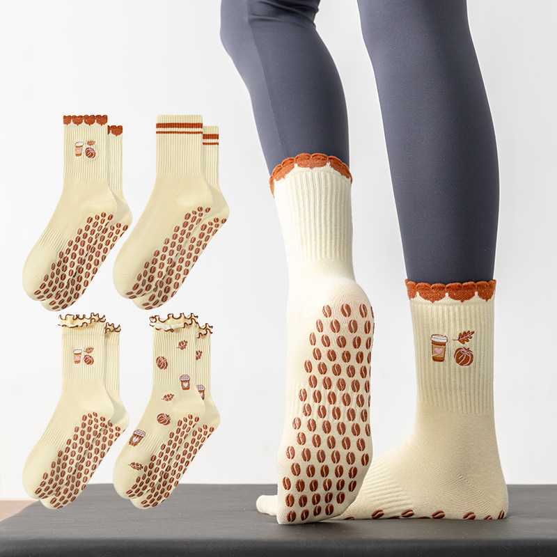 Cross-border exclusive embroidered Pilates non-slip sports socks, women's mid-calf socks with ruffled trim, yoga and fitness floor socks