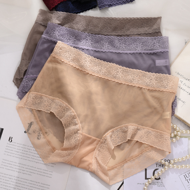 Full Gauze Lace High Waist Large Size Chubby Girls' Women's Underwear Sexy Thin Summer Breathable Women's Briefs