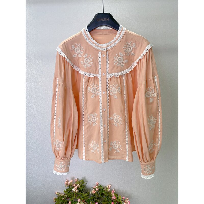 French Romantic Style~Light Pink Lace Embroidered Shirt for Women, Round Neck, Puff Sleeves, Loose Age-Reducing Top for Summer French Romantic Style~Light Pink Lace Embroidered Shirt for Women, Round Neck, Puff Sleeves, Loose Age-Reducing Top for Summer