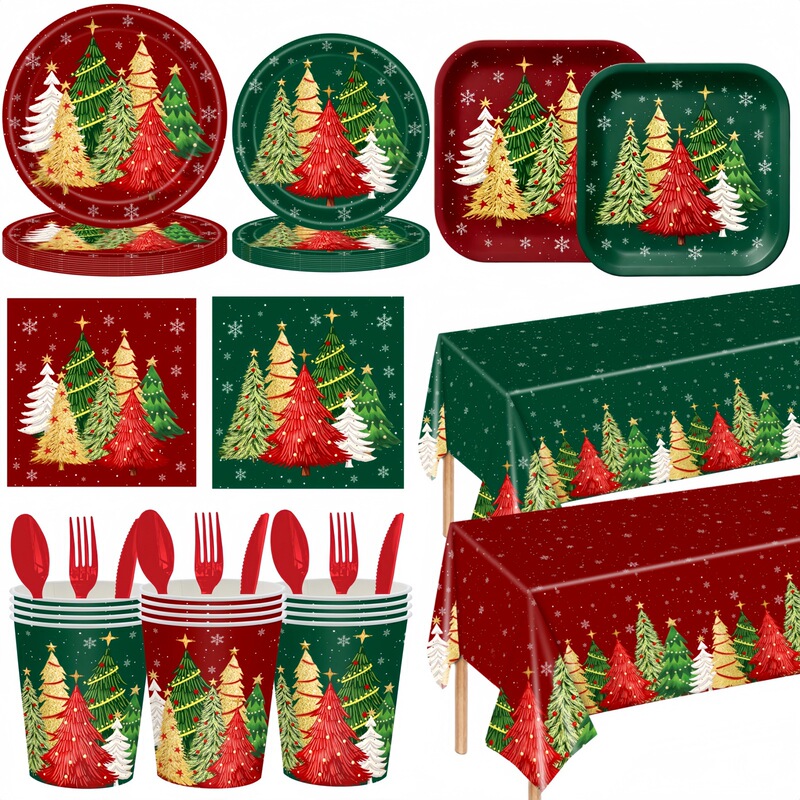 Christmas Tree Theme Party Tableware Set Disposable Paper Plates and Cups Picnic Party Christmas Party Supplies Christmas Tree Theme Party Tableware Set Disposable Paper Plates and Cups Picnic Party Christmas Party Supplies