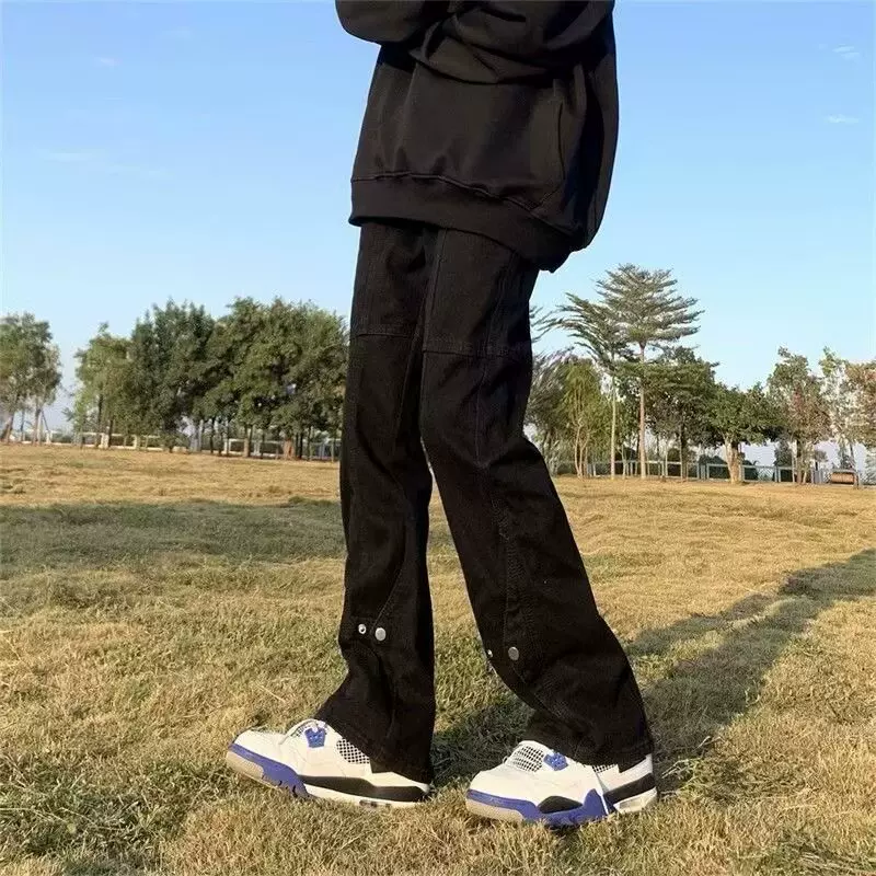 【跨境外贸专供】美式高街vibe排扣牛仔裤子男宽松微喇休闲长裤潮