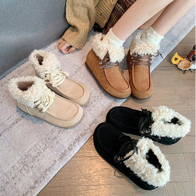 Boot tuyết nữ cổ cao lót lông giữ nhiệt, mũi tròn, dây buộc, tăng chiều cao bên trong — Vàng kem lót đơn, Đen lót nhung, Vàng kem lót nhung, Nâu lót nhung