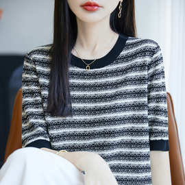 夏季女装新款天丝针织短袖女小香风简约条纹薄款T恤半袖上衣