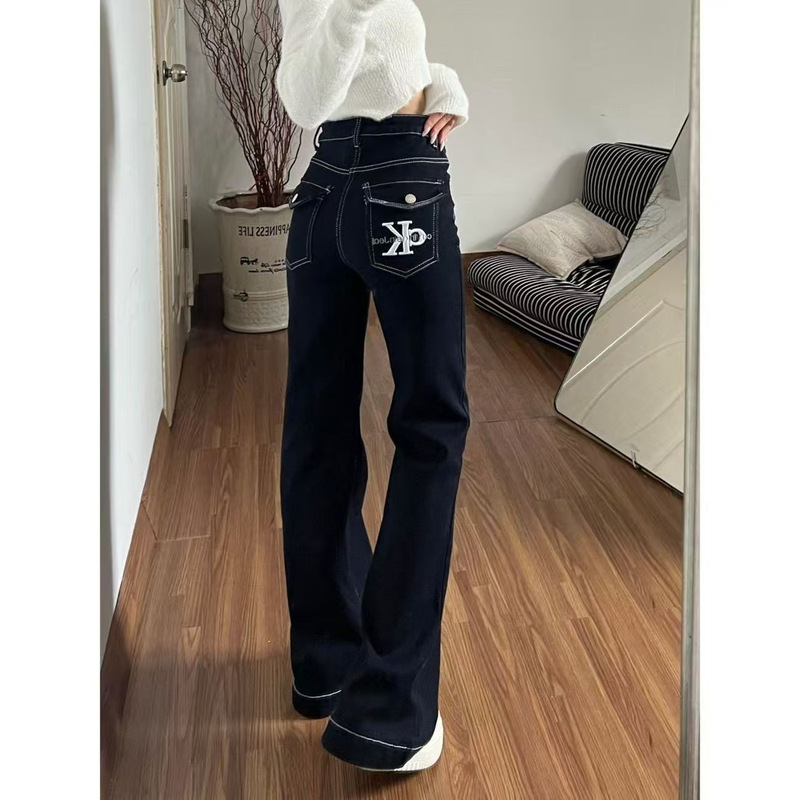 Spicy girl style, pocket embroidery, Korean-style jeans, autumn fashion, simple and retro, slimming, loose fit, high-waisted, slightly flared pants