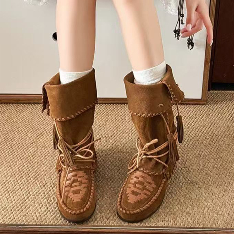 2025秋冬季新款复古3cm内增高流苏编织绑带拳击靴百搭显瘦堆堆靴