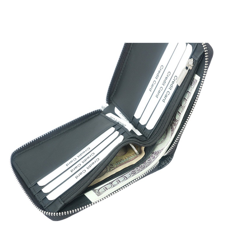 Amazon's New Rfid Cowhide Men's Wallet Anti-Theft Carbon Fiber Pattern European and American Multi-Card Slot Zipper Wallet