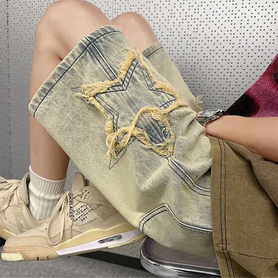 Star Denim Shorts Men's Summer Thin Washed Vintage Yellow Mud Pants American Style High Street Vibe Casual Pants