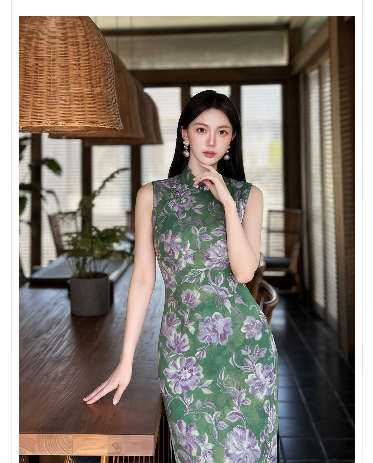 Đầm ôm body nữ dài tay in họa tiết hoa xanh cổ điển — xanh lá cây chi tiết 5