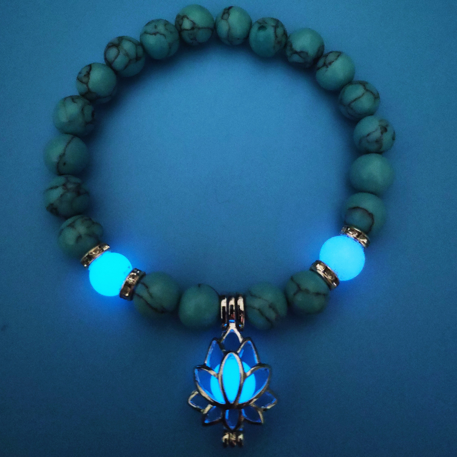 New Bracelet Turquoise Beads Bracelet Europe And The United States Yoga Energy Luminous Lotus Elastic Beaded Bracelet