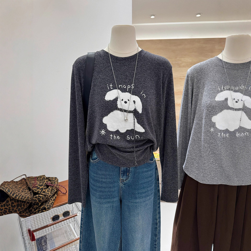 Wool Brushed Large Size 120kg Autumn and Winter Cartoon Puppy Tether Loose Long-Sleeved Soft T-Shirt Women's Top Wool Brushed Large Size 120kg Autumn and Winter Cartoon Puppy Tether Loose Long-Sleeved Soft T-Shirt Women's Top