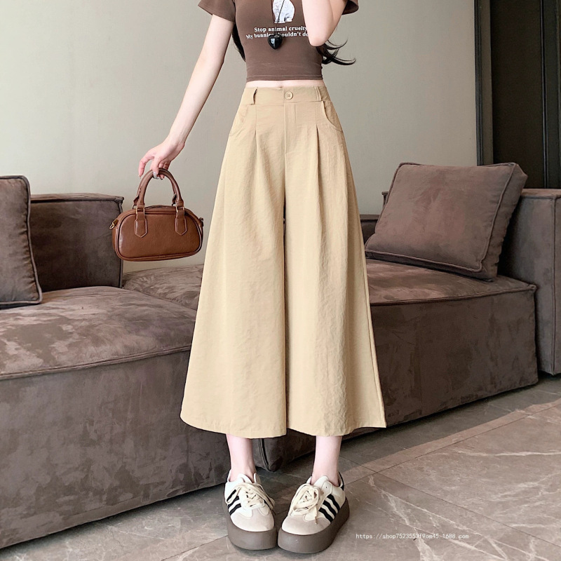 Ice Silk Cotton Linen Suit Wide-Leg Pants for Women, Summer Thin Style, Petite Size, Elastic Waist, Loose Fit, Slimming Straight-Leg Cropped Pants/Skirt