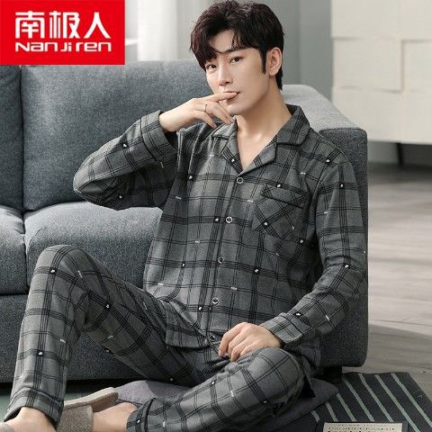 Pijamas de los hombres manga larga 100% algodón primavera, otoño e invierno algodón flojo más tamaño traje desgaste del hogar
