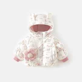 女童冬装棉服外套宝宝洋气儿童个性潮牌可爱卡通耳朵连帽加绒棉袄