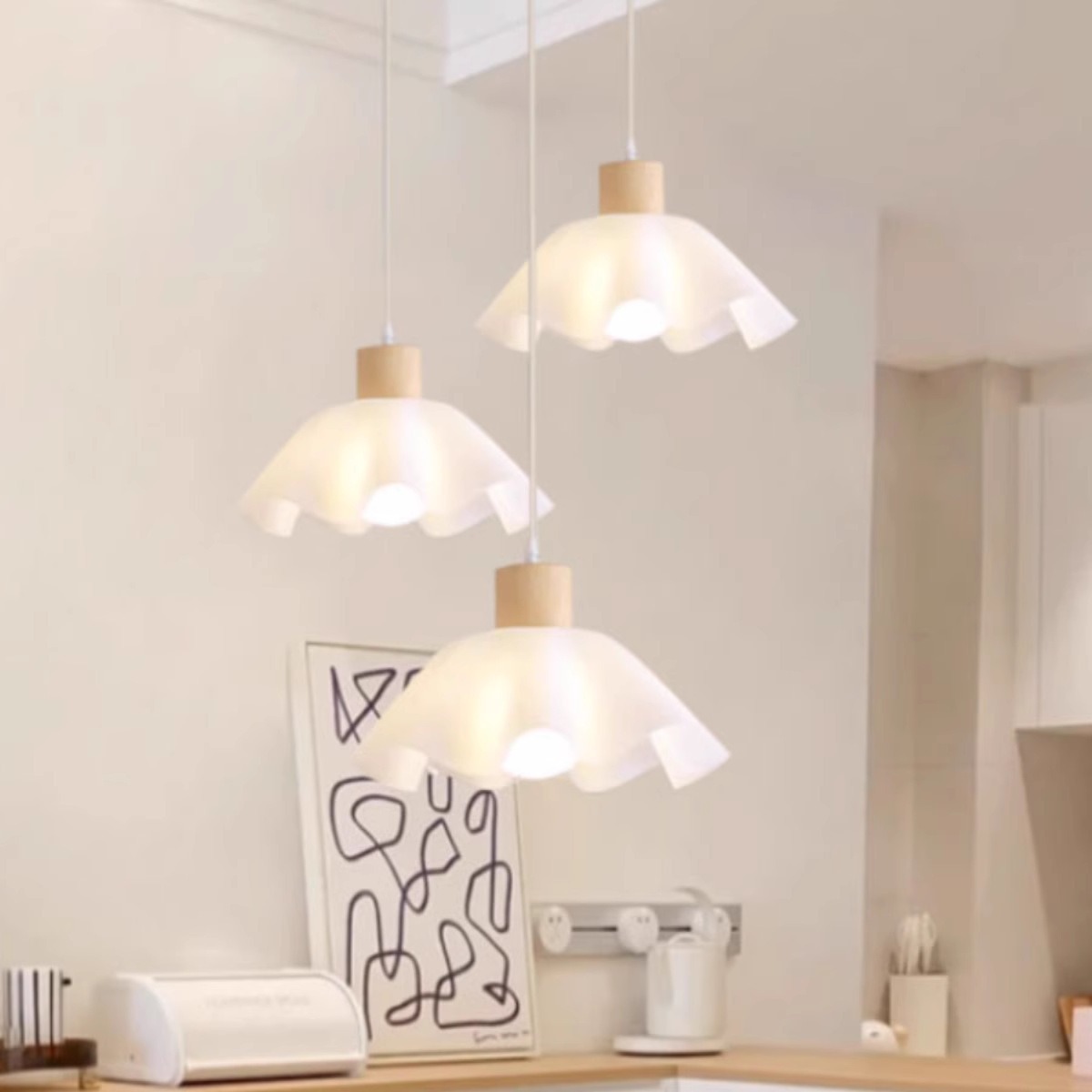 Lámpara de restaurante, lámpara de barra de tres cabezas de arte de madera escandinavo, lámpara de flores de cabecera de dormitorio estilo wabi-sabi simple y moderno de estilo japonés