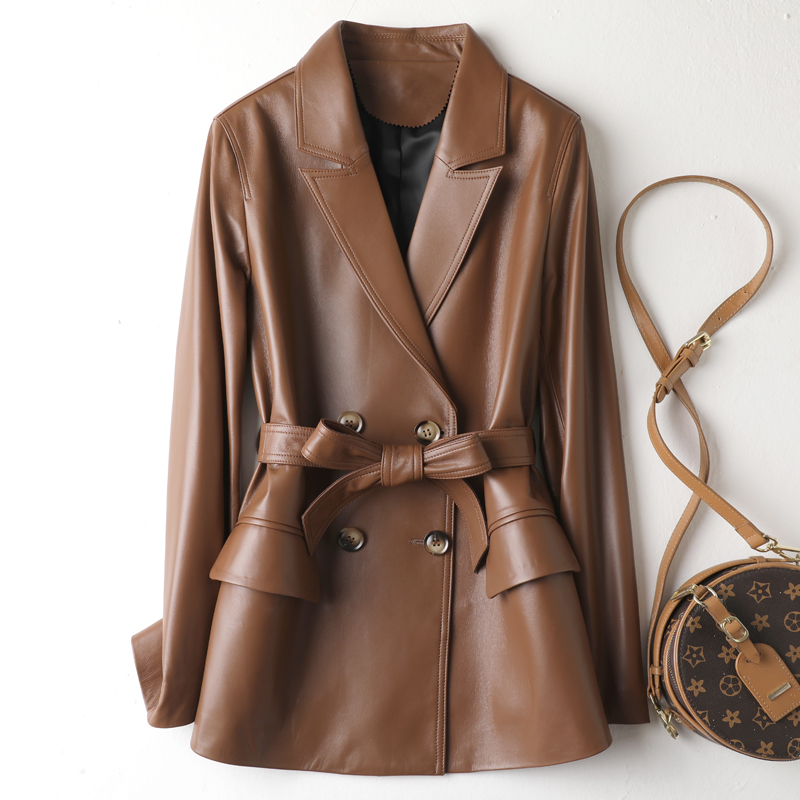 European Genuine Leather Jacket for Women, Sheepskin Blazer, 2025 Autumn New Style, Waist-Cinching, Mid-Length, Slim Fit