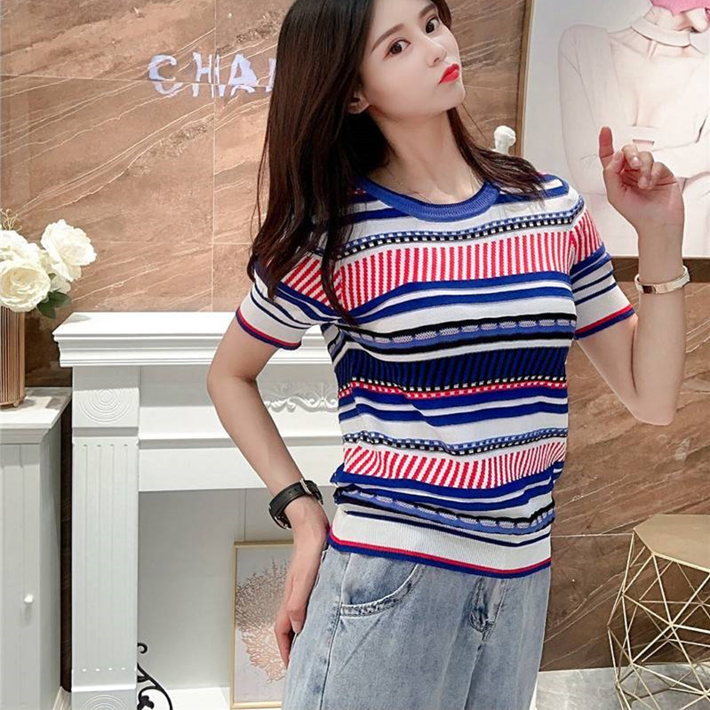 Áo thun nữ tay ngắn dệt kim sọc nhiều màu chất liệu lụa đá mát mẻ — Kẻ Sọc