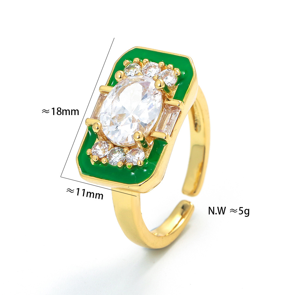 Geometric Pattern Unisex Gender Korean Style Square Color Oil Drop Copper Ring Geometric Micro-set Zircon Opening Adjustable Ring