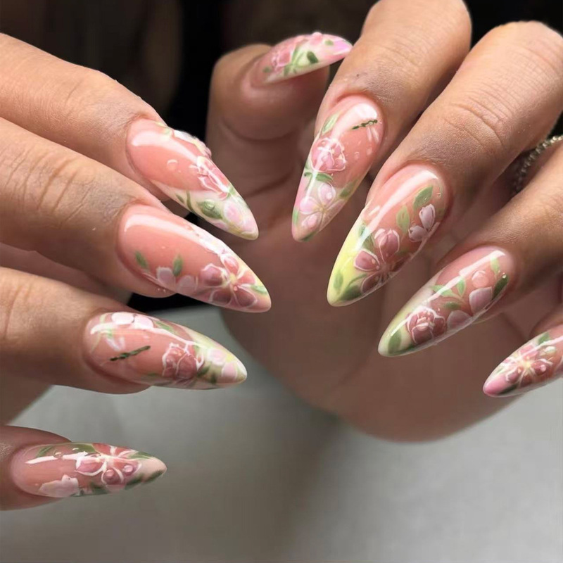 Spring and Summer Pink Floral French Almond Press-On Nails, Simple, Romantic, and Elegant Style Nail Pieces