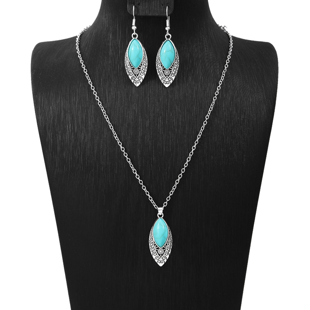 Cross-border Amazon popular estilo étnico pendientes europeos y americanos turquesa retro estilo nacional pendientes collar traje joyería