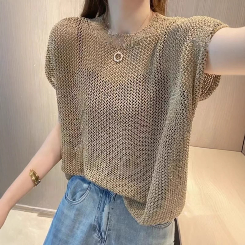 2025 Round Neck Hollow-Out Faux Ice Silk Thin Knit Top Summer New Style Slimming Versatile Lazy Style Tie Clip