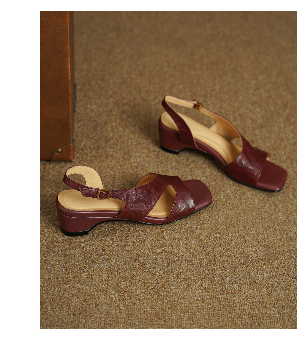 Sandal nữ hở mũi da dê gót thấp 4,5 cm phong cách Hàn Quốc khóa cài đơn giản — đen chi tiết 13