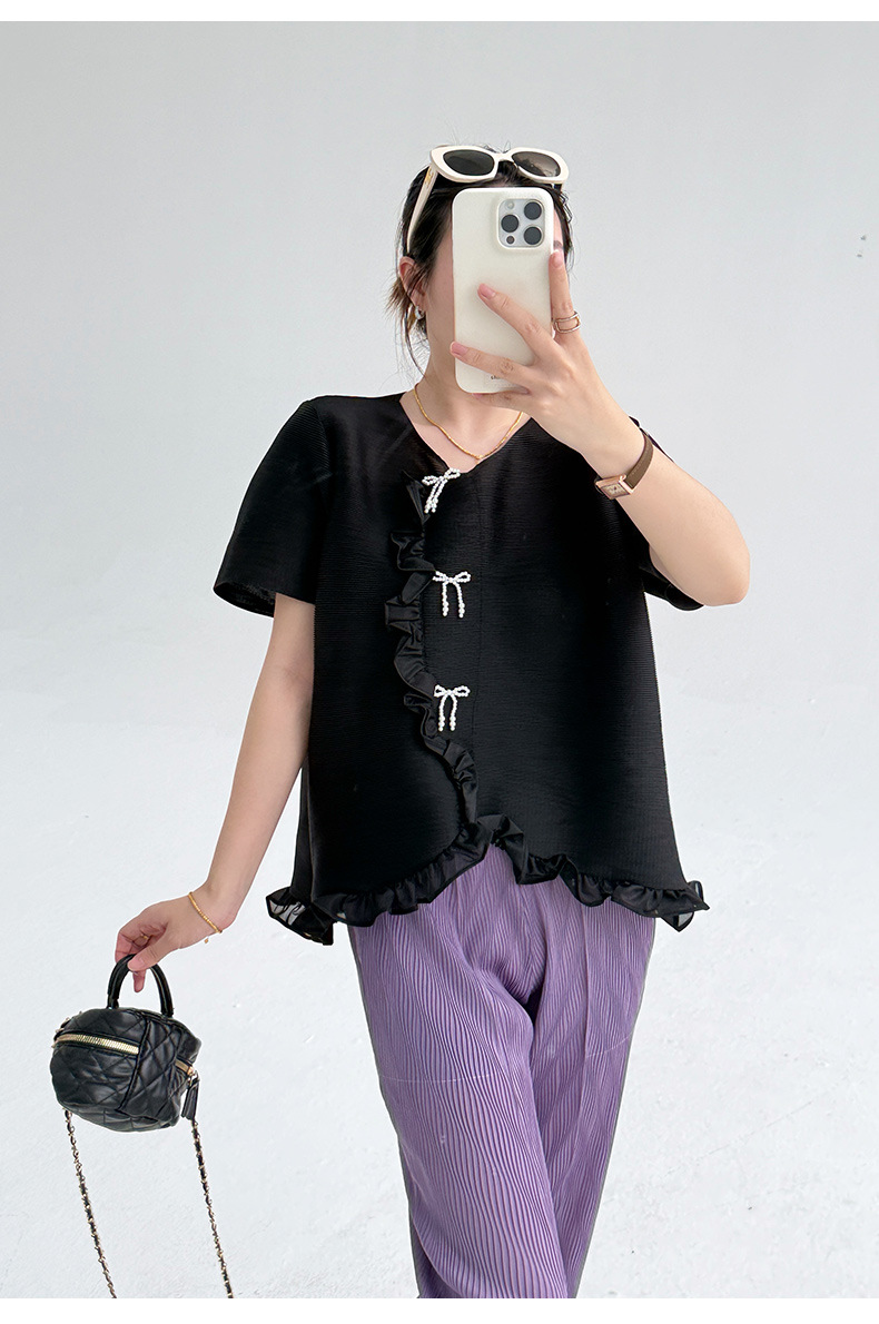 Áo thun nữ cổ tròn dáng rộng tay ngắn ren xếp ly bất đối xứng — đen chi tiết 15