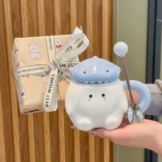 送闺蜜扳手礼物高颜值可爱团子马克杯带盖勺家用陶瓷水杯生日礼物