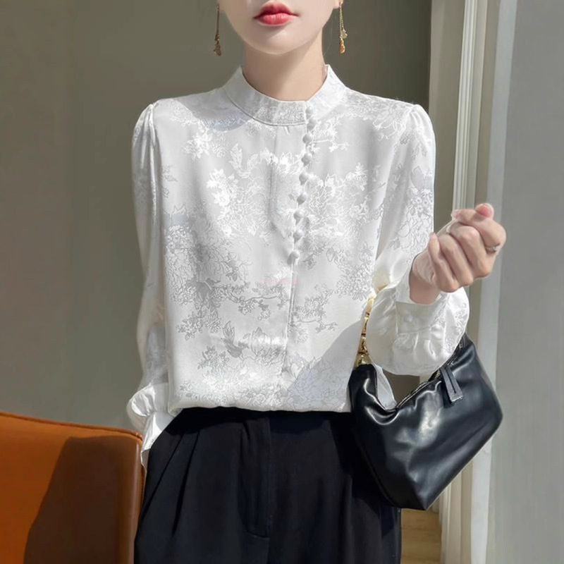 Light Chinese Style White Silk Shirt for Women's Workplace Wear Spring Long-Sleeved Stand-Up Collar Shirt Chinese Style Printed Commuter Top Light Chinese Style White Silk Shirt for Women's Workplace Wear Spring Long-Sleeved Stand-Up Collar Shirt Chinese Style Printed Commuter Top