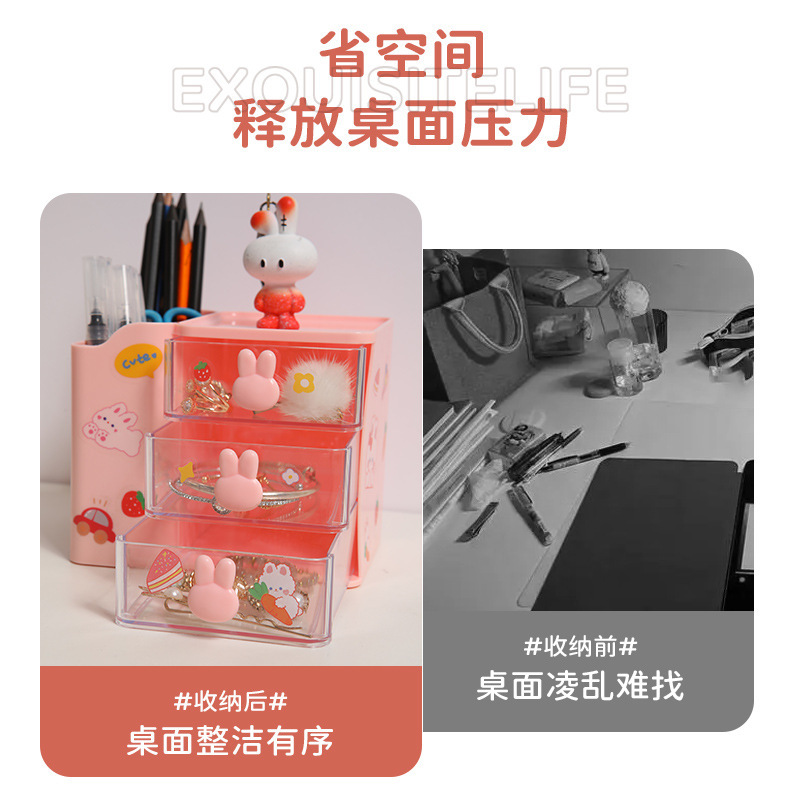 Caja de almacenamiento de escritorio con diseño de cabeza de conejo cajón transparente papelería decoración para estudiantes y dormitorio