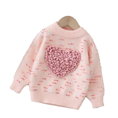 Girls' Sweater, Round-Neck Knitted Base Layer Top, New Arrival, Heart-Shaped, Colorful, Sweet, Fleece-Lined, Thickened Children's Knitwear