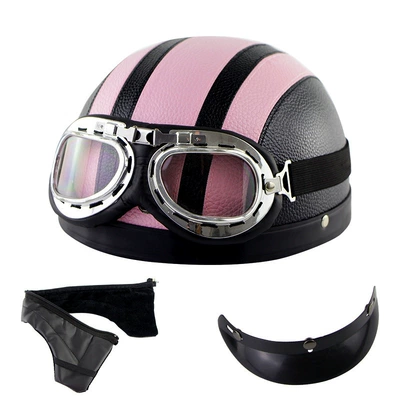 leather helmet men's and women's summer | Motosiklet kaskı (dəbilqə) - pink-leather-helmet-harley-goggles-detachable-scarf
