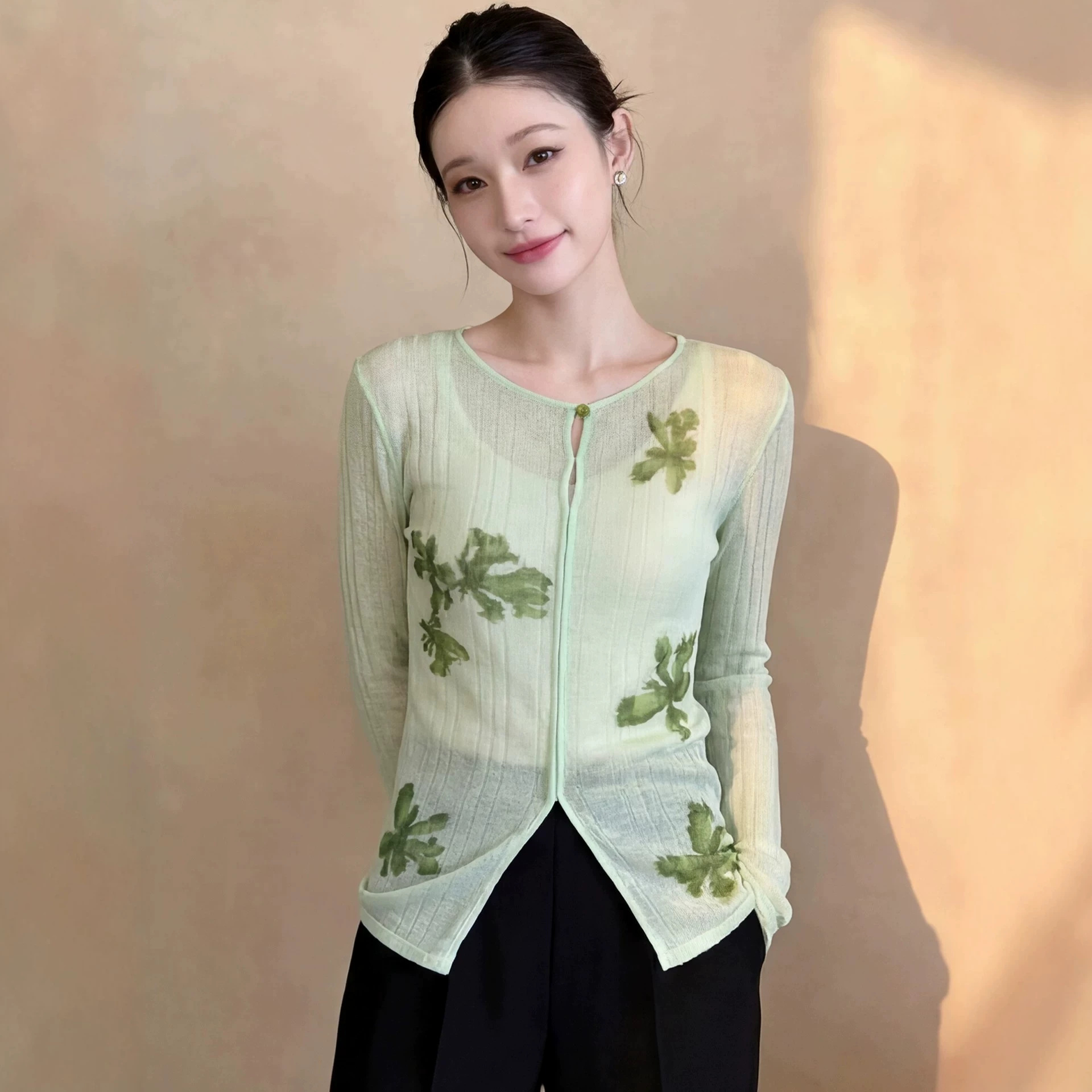 Áo len nữ cổ lọ thiết kế độc đáo mùa xuân hè — xanh lá cây chi tiết 3