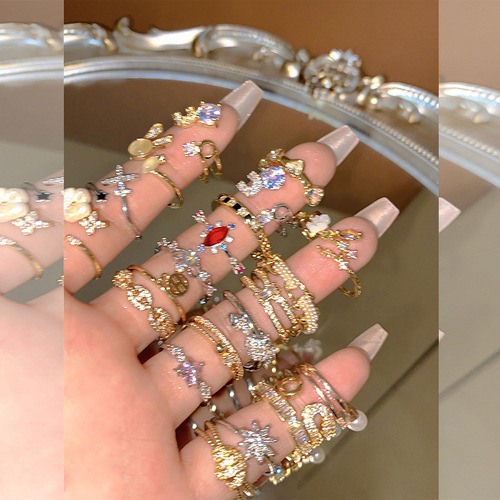 Korean version micro-set zirconia ring for women, light luxury, high-end, niche couple's matching rings, adjustable opening, pearl index finger ring