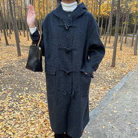 2024秋冬新款韩版牛角扣长款羊毛大衣时尚气质宽松呢子风衣外套