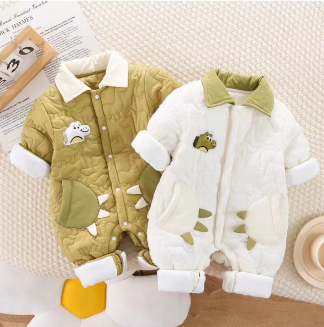 Ropa de bebé otoño e invierno nuevo estilo dinosaurio de dibujos animados bebé hombre mono acolchado más terciopelo cálido estilo occidental