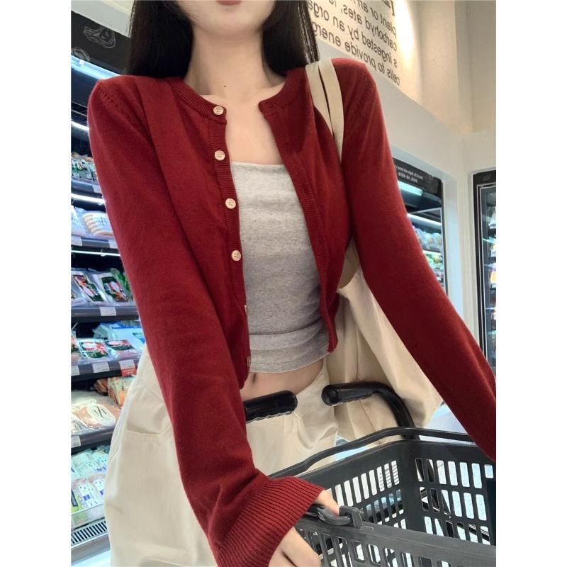 Korean Style High-grade Red Crew Neck Knitted Cardigan Women's Autumn New Lazy Style Loose Casual Short Sweater Coat Korean Style High-grade Red Crew Neck Knitted Cardigan Women's Autumn New Lazy Style Loose Casual Short Sweater Coat