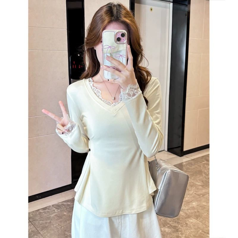 Чистый ветер кружевная сшитая футболка с длинными рукавами женская весна и осень новая дизайнерская рубашка с нижней пуговицами и тонким топом