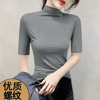 纯色半高领中袖打底衫T恤女早春新款百搭修身弹力五分袖上衣服