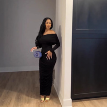 亚马逊跨境欧美新款网纱抹胸一字肩长袖性感包臀连衣裙长裙女装