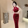 Pearl embellishment off shoulder cheongsam with buttocks wrapped dress