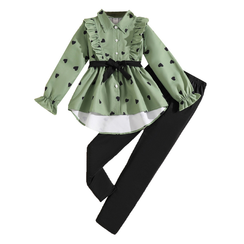 2024 Herbst neue Kollektion von Kinderbekleidung, modisches langes Hemdkleid mit Gürtel und Unterhosen-Set für Mädchen_voghion.com