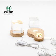 led小夜灯圆形灯座白光暖光七彩光usb插电台灯实木发光水晶球底座