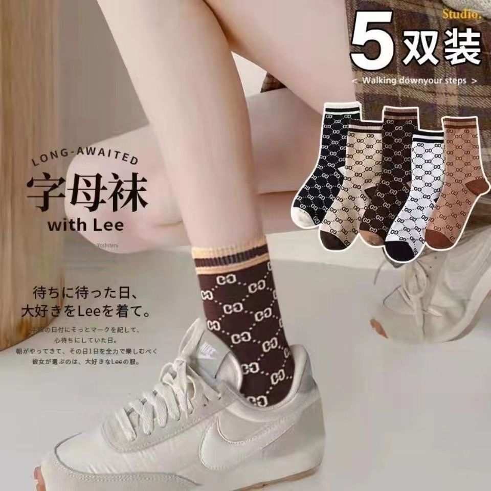 European and American fashion brand socks women's autumn and winter new children's socks outer wear double G mid-length fashion all-match College Style pile