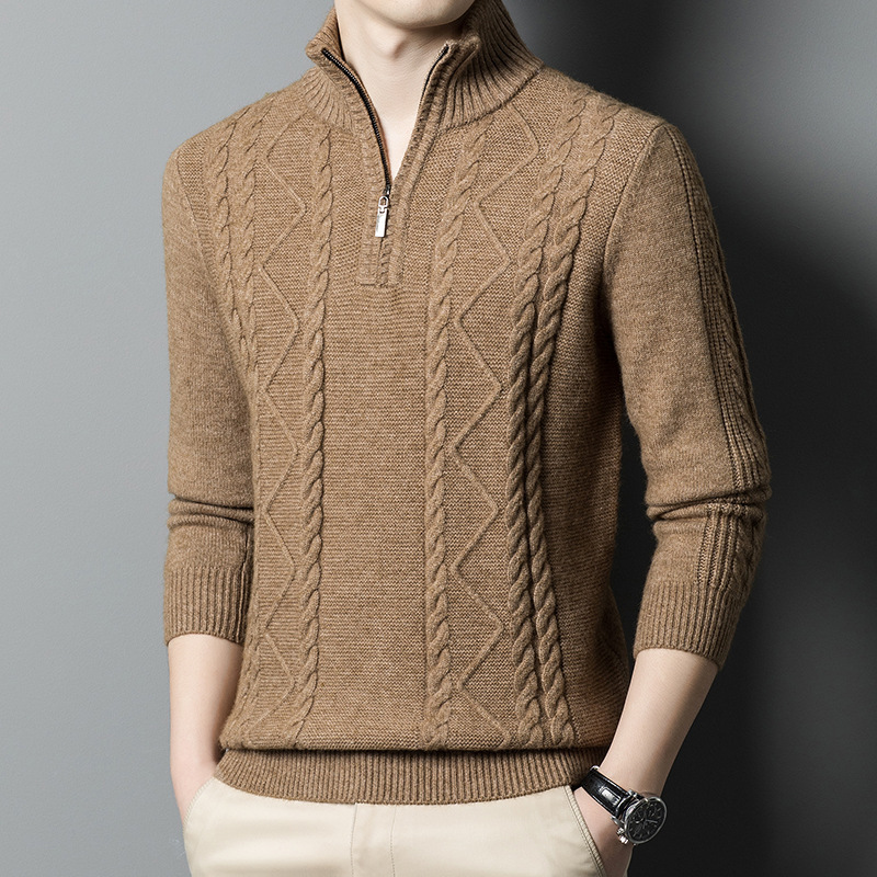 Senior Cashmere Sweater Winter Thickened Men's 2024 New Warm Wool Sweater Turtleneck Zipper Knitted Sweater Base Shirt