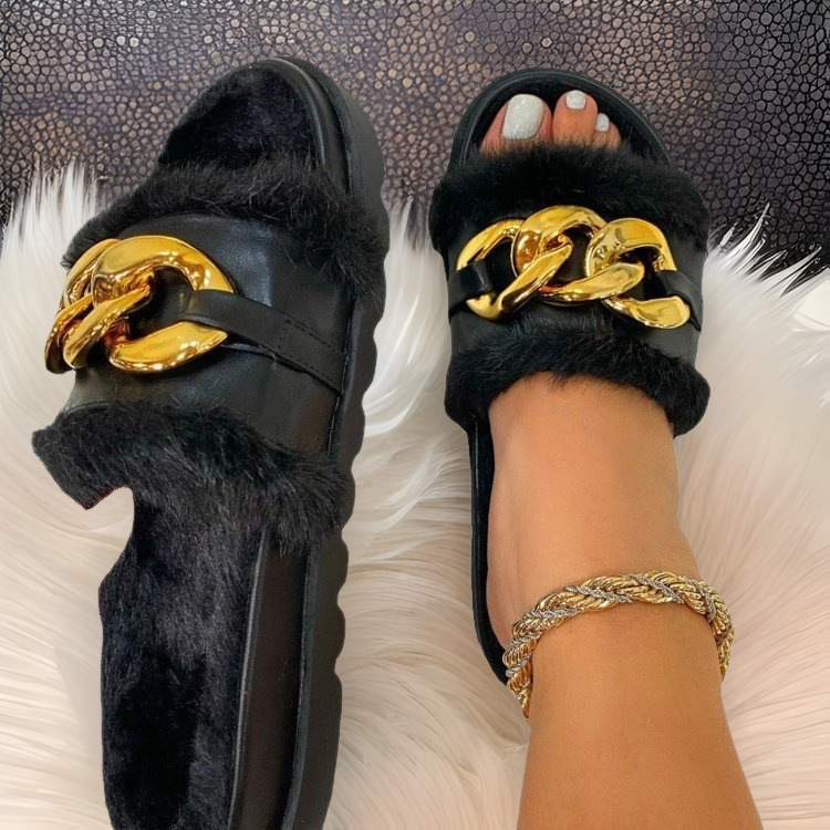 Women's wool slipper metal chain cotton slipper