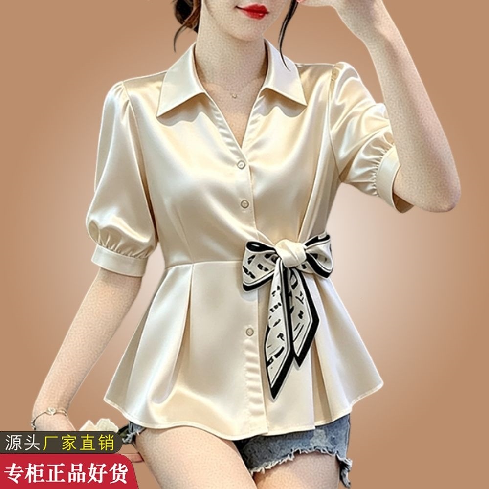 专柜气质纯色短袖小衫夏季新款时尚百搭显瘦妈妈装上衣女工厂直销