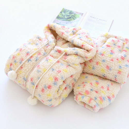 Sweet colorful polka-dot coral velvet hooded pajamas for women, winter plus velvet and thickened home clothes, large size set